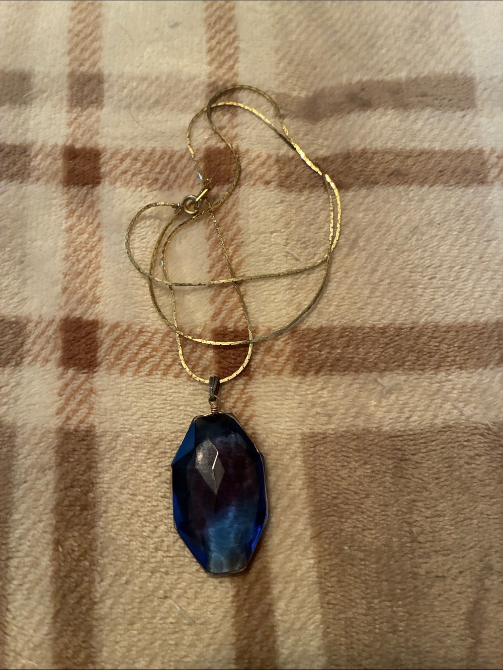 Gold Chain Necklace with Blue Faceted Pendant